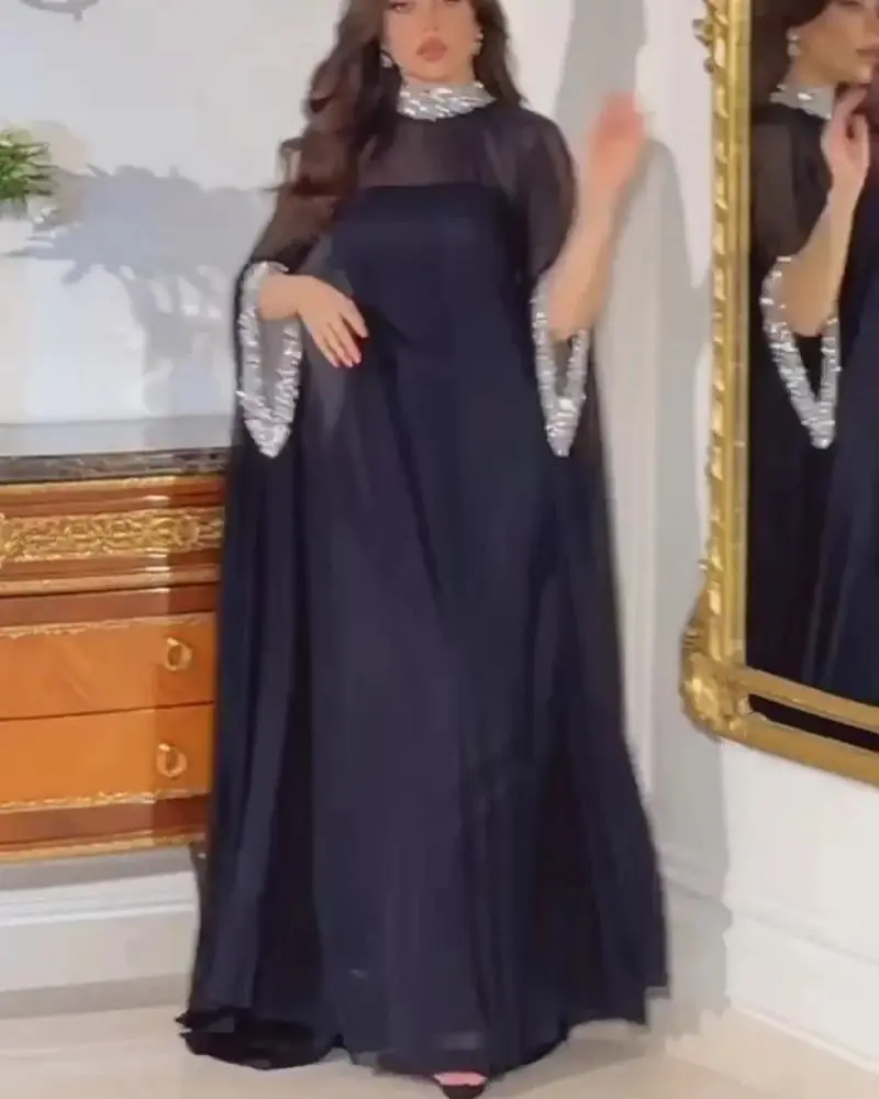 Women Chiffon Banquet Evening Dress Two-piece Set Muslim Sets Women Dubai Abaya Sexy Caped Bead Kaftan Clothes for Muslim Women