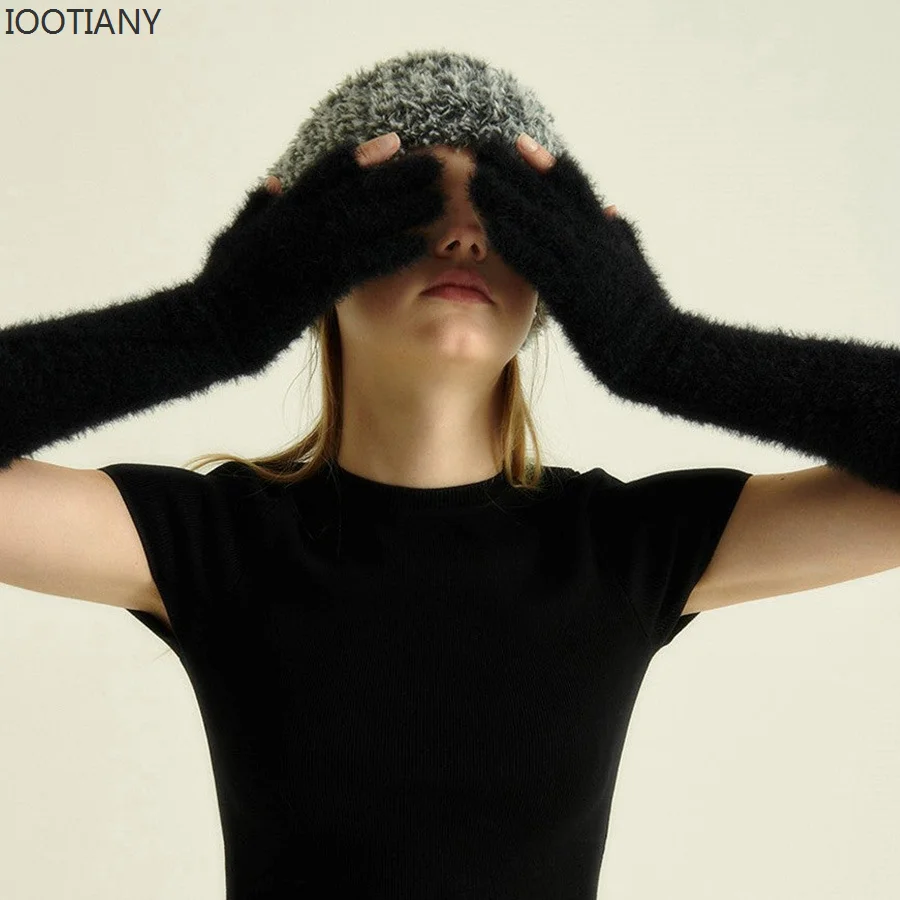 Iootiany Winter warme Ärmel finger lose Touchscreen gestrickte Woll handschuhe für Frauen Bonbon farbe verlängerte warme Handschuhe