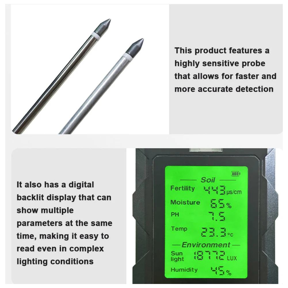 6 in 1 Soil Tester Soil Fertility pH Temperature Humidity Sunlight Air Moisture Tester Soli Analyzer Versatile Gardening Tool