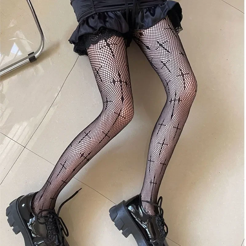 Women Sexy Retro Gothic Lolita Cross Print Club Tights Goth Cosplay JK Girls Long Nylon Socks Body Stockings Fishnet Pantyhose