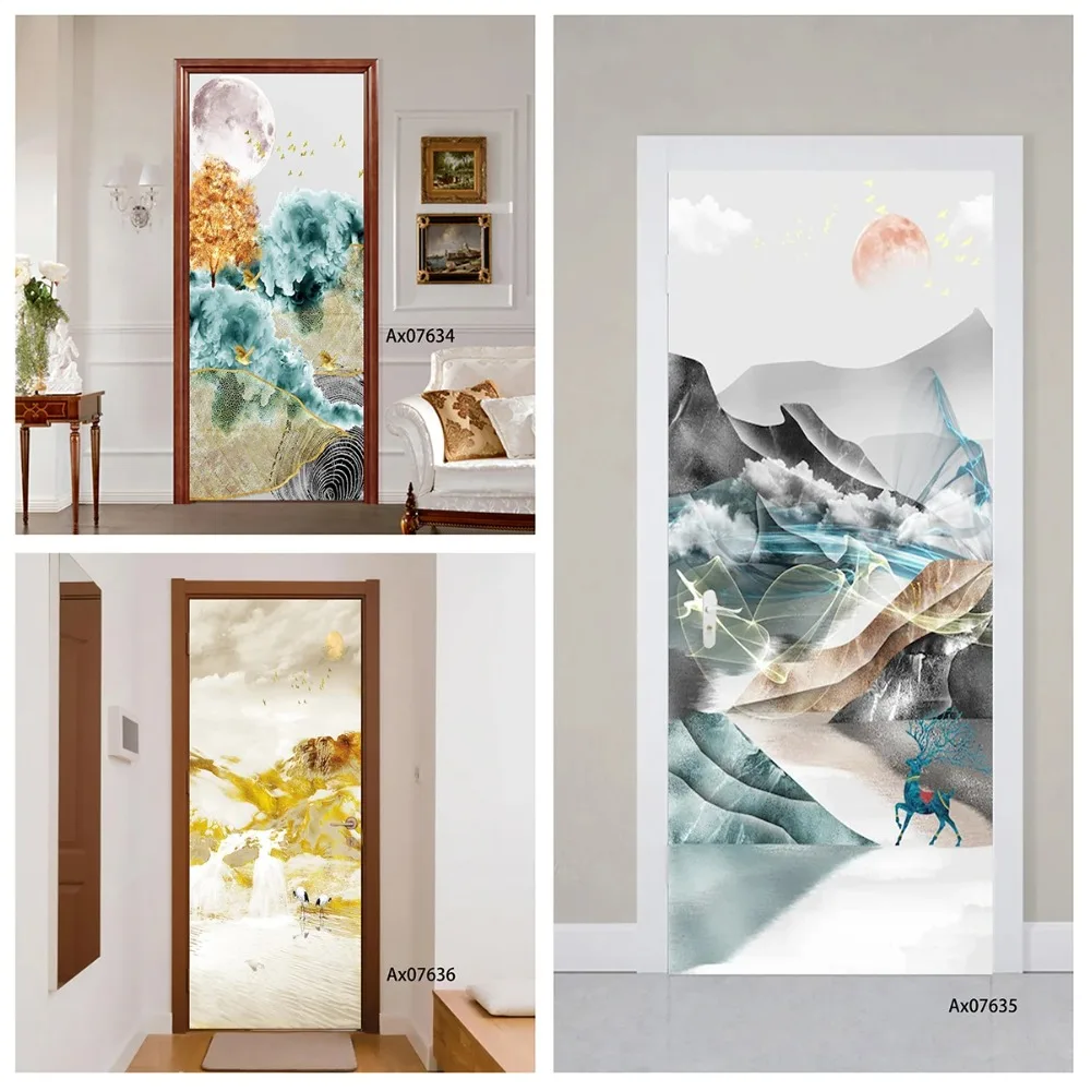 Modern Oriental Mountain Deer Door Sticker, Self Adhesive New Chinese Zen Vertical Door Mural for Home Wallpaper Decoration