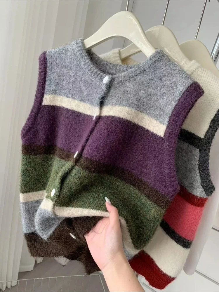 コントラストカラーストライプニットベスト レディース 2025年秋 ラウンドネック シングルブレストセーター カジュアル ヴィンテージ チョッキ トップス