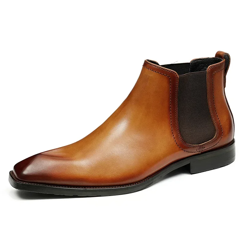 Diamond Toe Business Chelsea Boots Elastic Pull-On Cowhide Genuine Leather Men's Trendy Short Boots Casual British Boots for Men