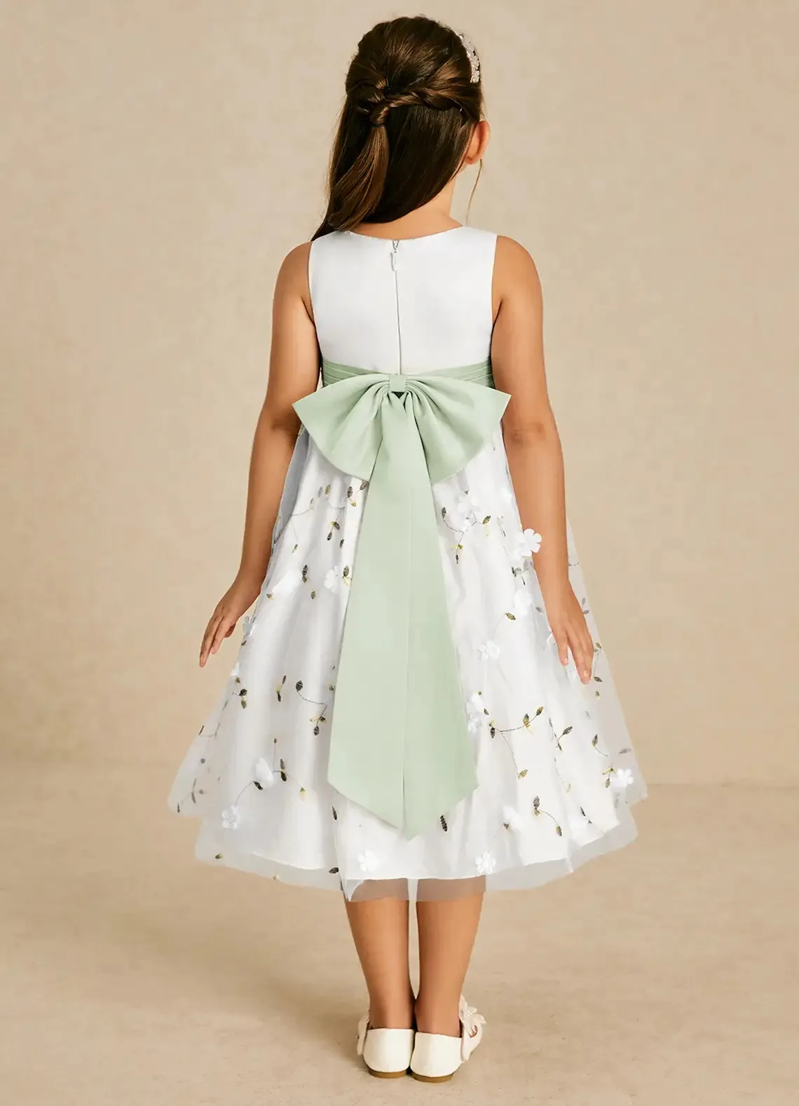 Cswdocy Fresh Pageant Dress Sleeveless Floral Embroidery Tulle Midi Gown With Satin Bow Flower Girl Dress For Wedding Formal