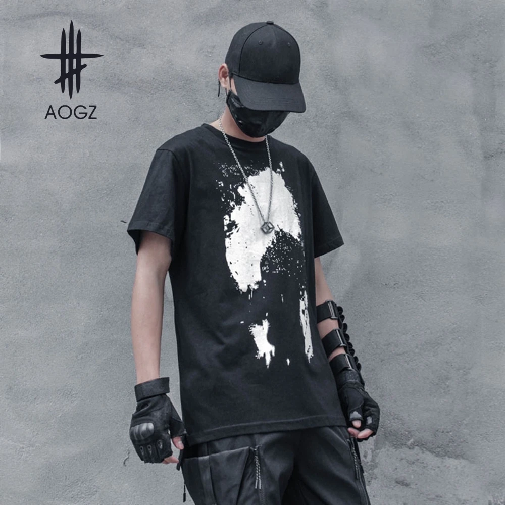 AOGZ Harajuku Graffiti Print Crew Neck Short Sleeve Tops Tees Summer Casual T-Shirts Cotton Punk High Street Goth Clothes Thin