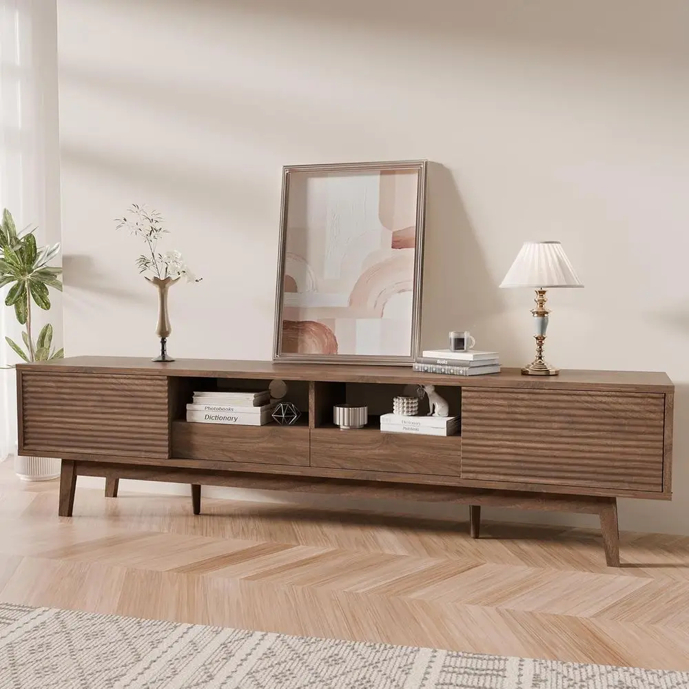 

Walnut 70-75 Inch TV Stand with Sliding Doors and Storage for Living Room Entertainment