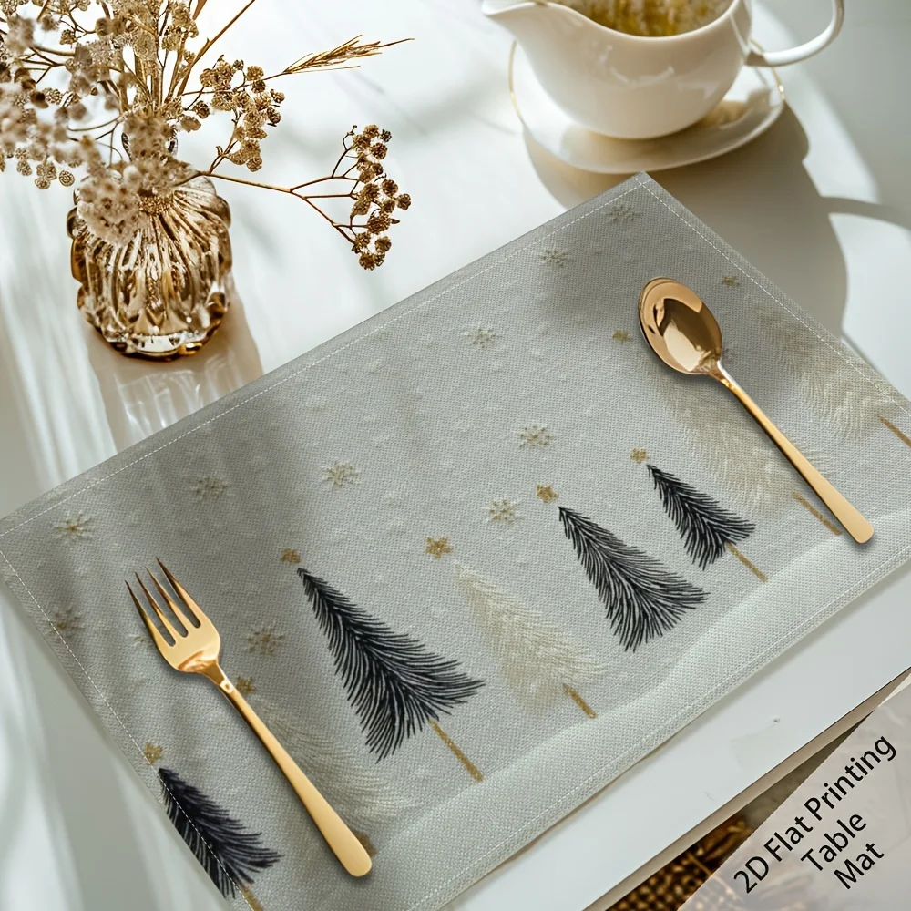 (2D Flat Print) Christmas-Themed Table Mats Featuring Pine Trees And Snowflakes, Suitable For Kitchen Dining. These Placemats A