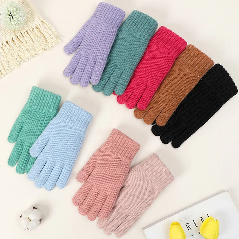 Large Size Women's Winter Touch Screen Gloves Thicken Warm Knitted Stretch Gloves Full Finger Outdoor Skiing Gloves