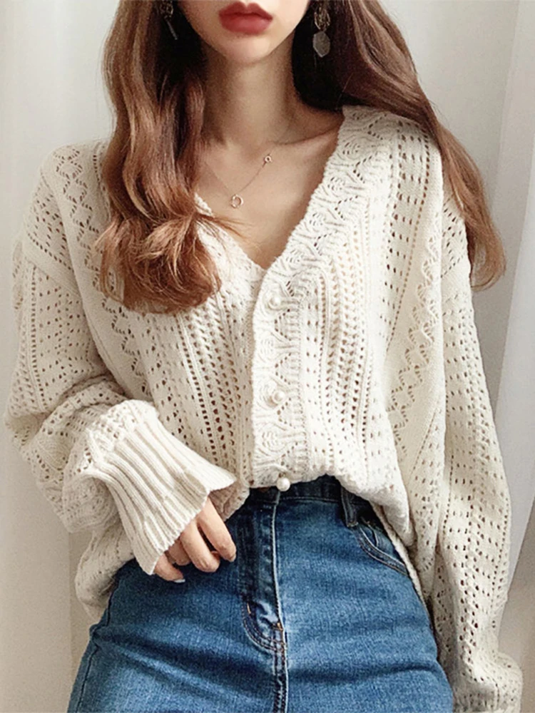Women's Low V-Neck Knit Sweater Long Sleeve Hollow out Cardigan Loose White Top for Spring Summer 2025 Sexy Casual Knitwear
