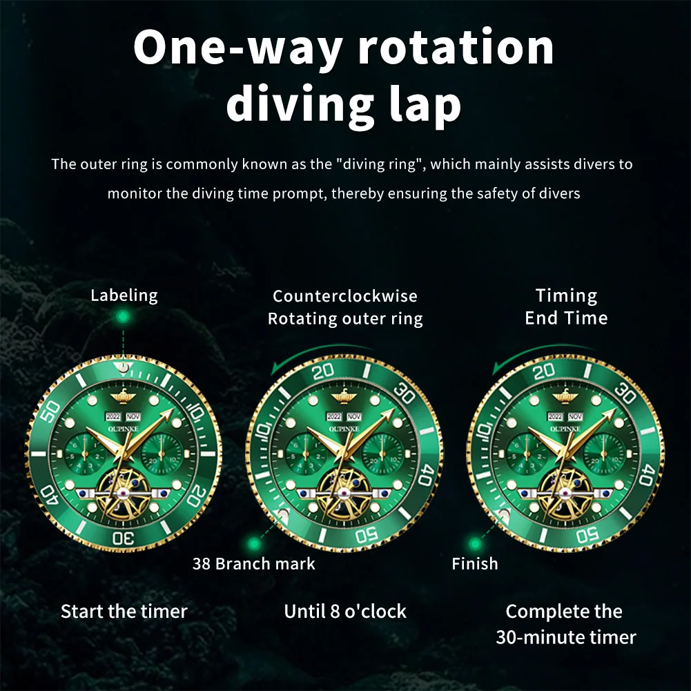 OUPINKE 3229, мужские часы, элитный бренд, автоматические механические часы для дайвинга, полые часы с маховиком, календарь недели, мужские спортивные часы