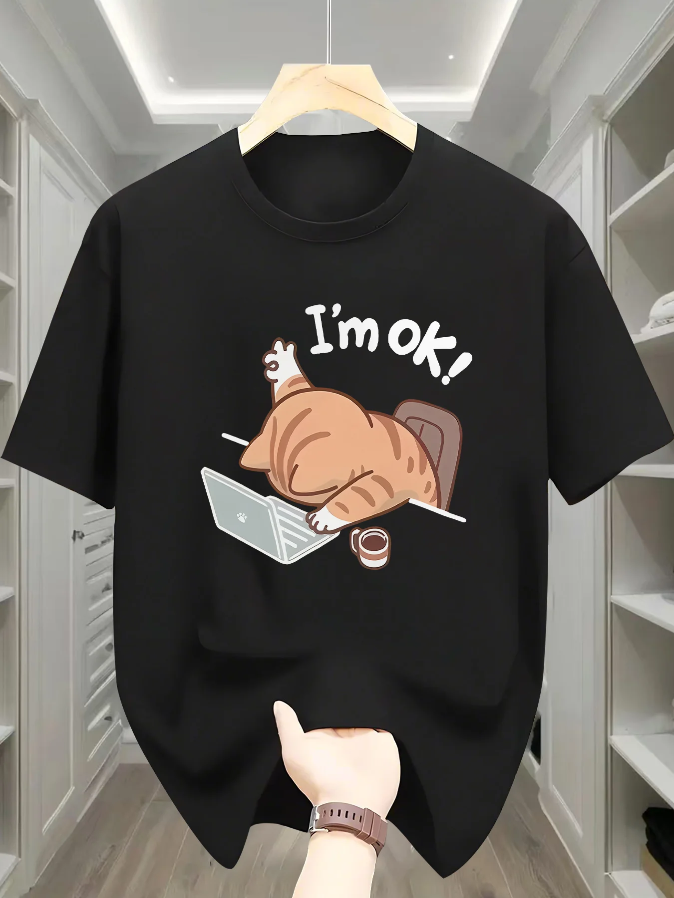 Funny Sleepy Orange Cat Laptop Slogan Graphic T-shirt Men Cute Pet Printed Tee Loose Daily Fashion Tops