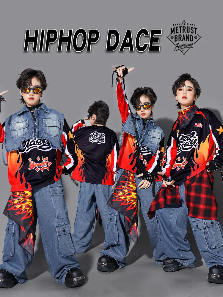 Kinder-Streetdance-Auftrittsoutfit Jungen Hip-Hop Denim-Kleidungsset Atmungsaktive Polyesterfaser Rundhals-Print-Design – Detail 12
