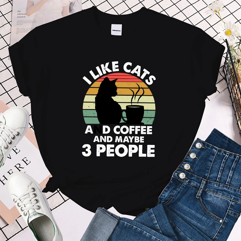 

(Premium T-shirt)I Like Cats And Coffee And Maybe 3 People Trend Style Cute Spring Clothes Women Summer Print Lady Female tops