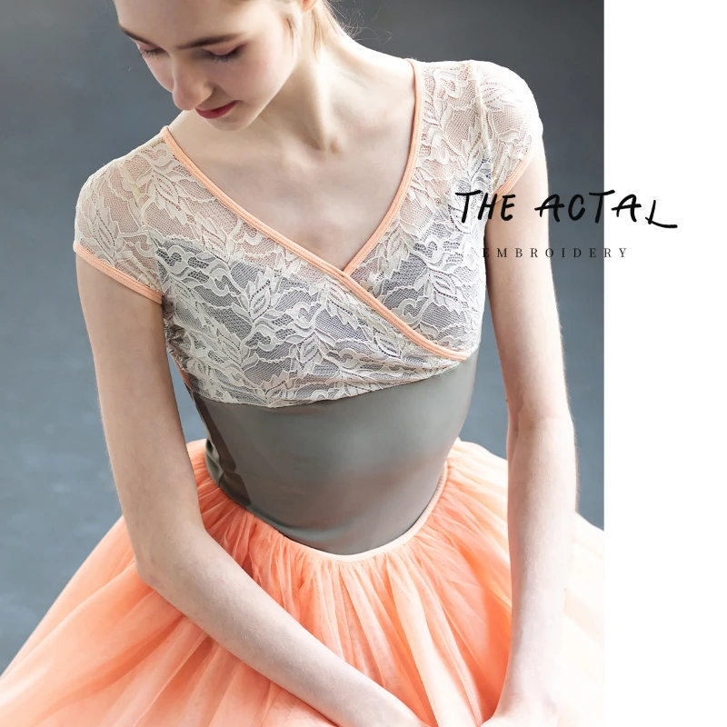 Short sleeveless V neck splice lace ballet leotard girls dancing jumpsuit yoga clothes women ballet dance leotard stage costume