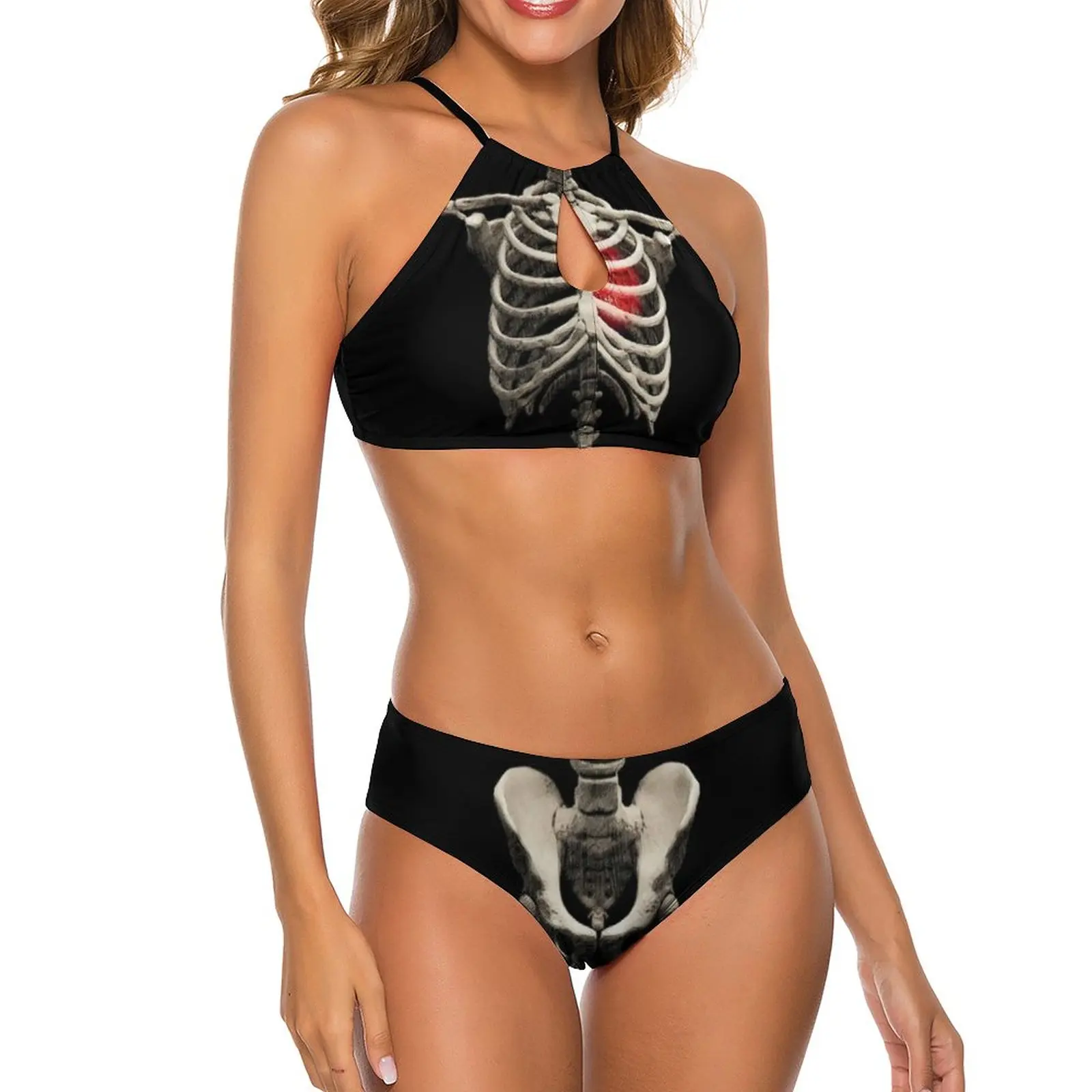 Halloween Bones Bikini costume da bagno scheletro arte cuore costumi da bagno Sexy Push Up Retro Bikini Set Sport Bikini femminili stampa Biquinis