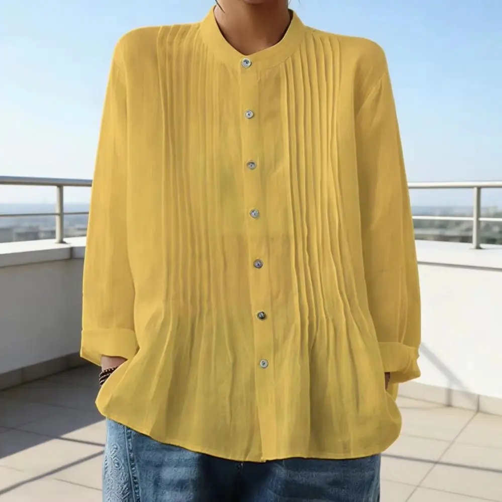 

Cotton And Linen Small Stand Up Collar Shirt Women's Solid Color Pleated Versatile Cardigan Temperament Single-breasted Shirt