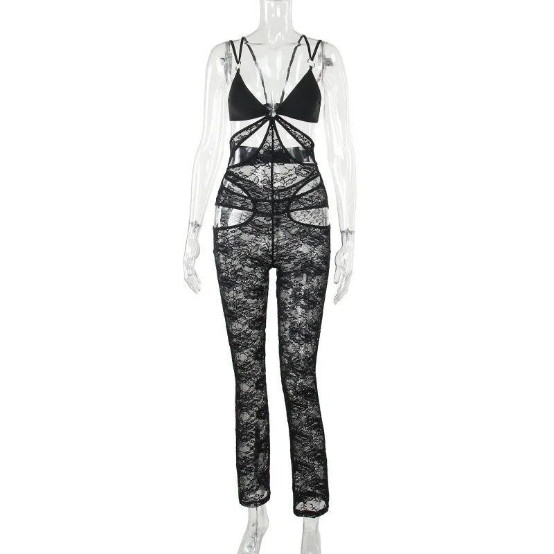 Hirigin Doorzichtige Gebloemde Kant Vrouwen Jumpsuit Sexy Uitgesneden Halter Rugloze Zwarte Jumpsuits Nachtclub Outfits