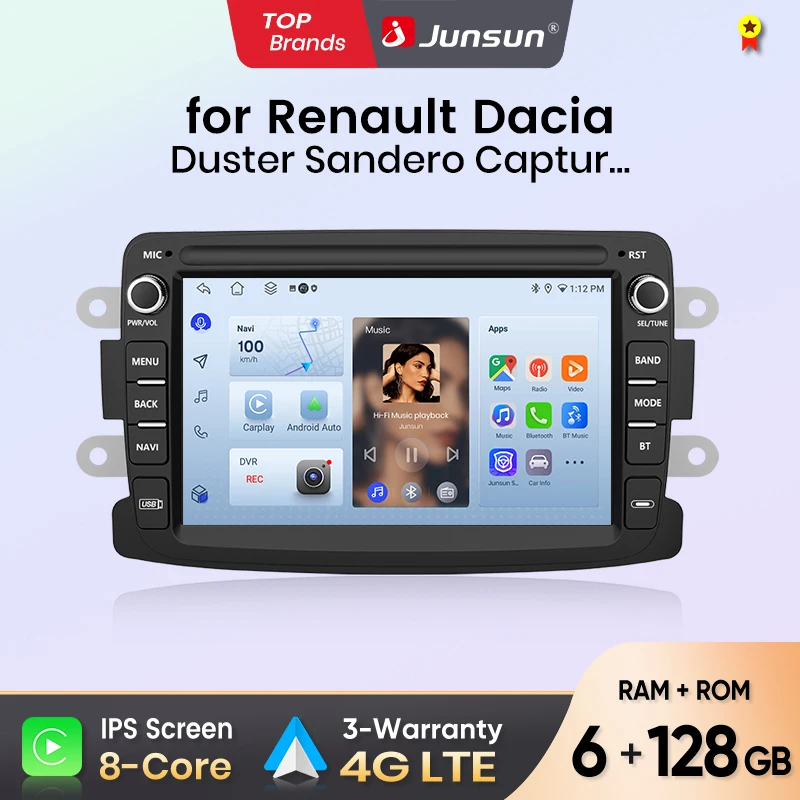 Radio samochodowe Junsun 7 cali do Renault Dacia Duster Sandero Captur Xray Logan 2 Symbol Dokker CarPlay Android Auto FM RDS DSP BT GPS Navi SWC HD IPS Ekran Dotykowy Plug & Play Odtwarzacz