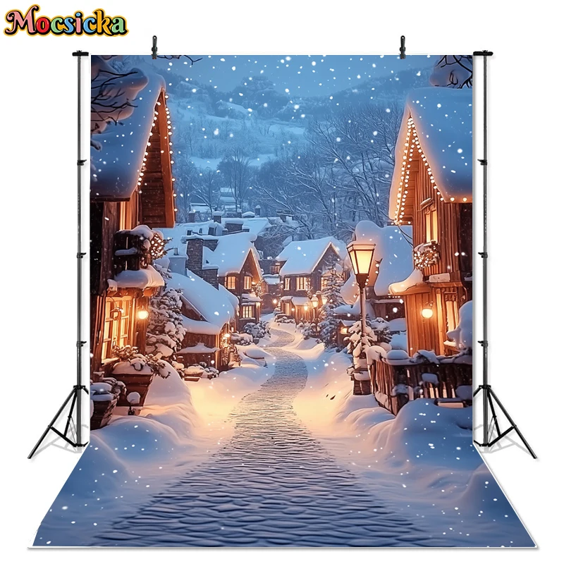 Mocsicka Winter Christmas Town Photography Backdrops Holiday Party Kids Adult Portrait Photo Background Night Lights Decor Props