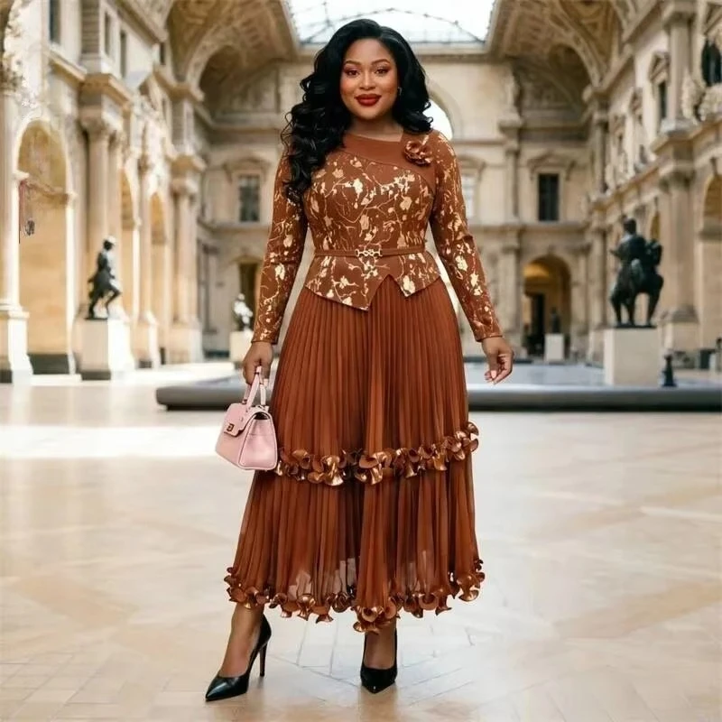 ANLAN 2026 Autumn New Gold Foil Printing Pleated Women's Dress Fashion Ruffle Hem Patchwork Fake Two Pieces Clothing 3AN7651
