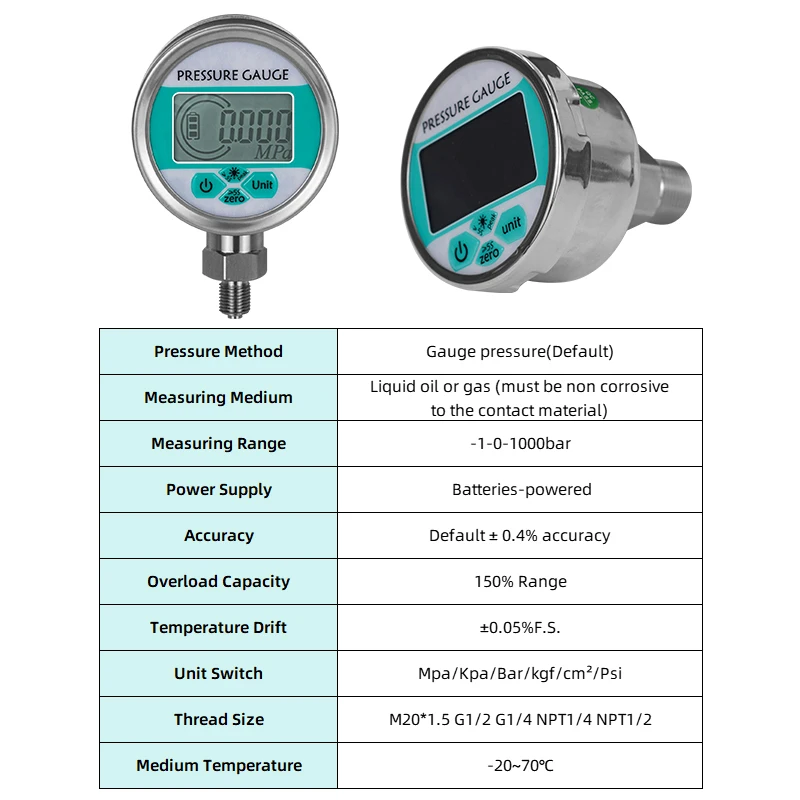 Pressure Gauge 0-1000bar Water Gas Oil Pressure Sensor Negative Pressuse With Backlight LCD Display Intelligent Pressure Gauge