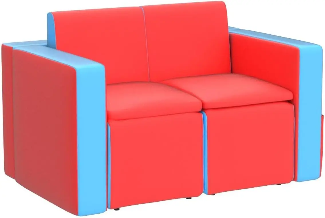 Sofá para niños, sofá para niños de doble asiento 2 en 1, convertido en mesa y dos sillas para la escuela, espacio de almacenamiento, superficie de PVC, sofá grande