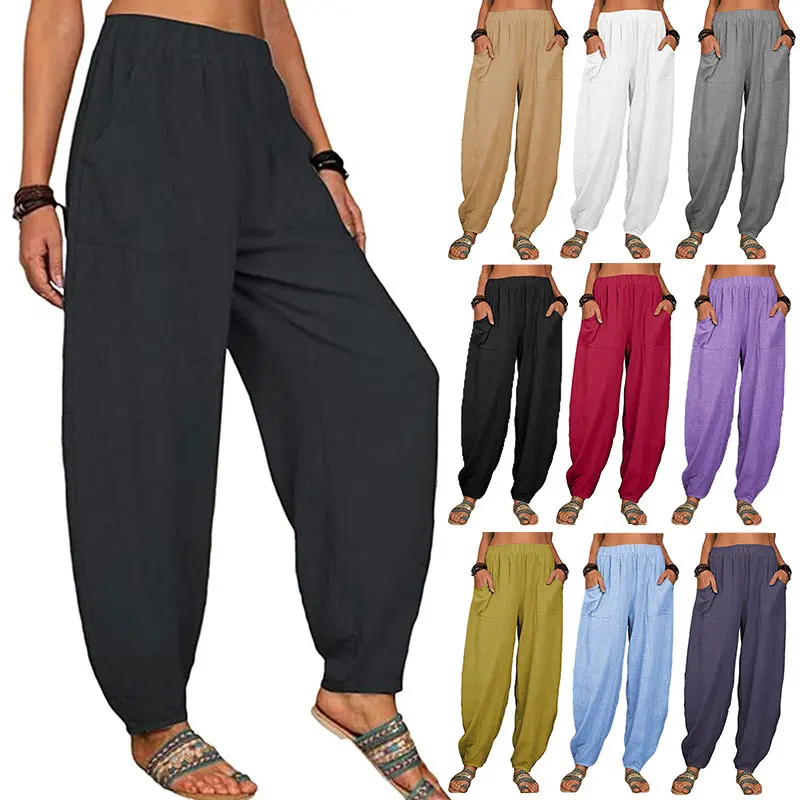 Womens Solid Loose Cotton Linen Pants Summer Casual Baggy Pants Elastic Waist Wide Leg Home Harem Trousers Pocket Women Bloomers