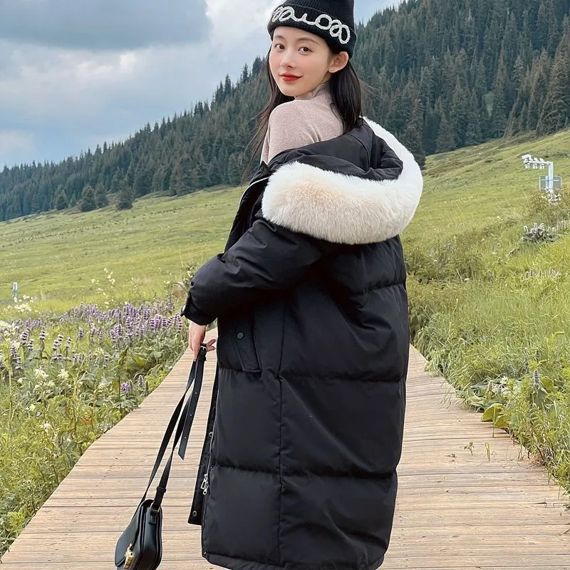 New Women Down Cotton Coat Winter Jacket Female Mid Length Version Parkas Thick Warm Outwear Hooded Fur Collar Overcoat