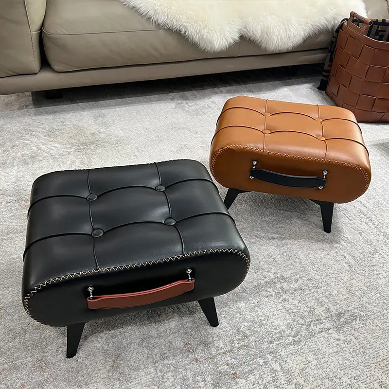 

Light luxury high-end small metal frame leather stool suitable for living room coffee table sofa ottoman shoe stool