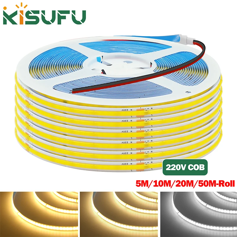 220V COB LED Strip Light 5m/10m/20m 50m/Roll 240LEDs/M High Bright RA90 with IC Adhesive LED Ribbon Tape Linear Lighting 8mm PCB