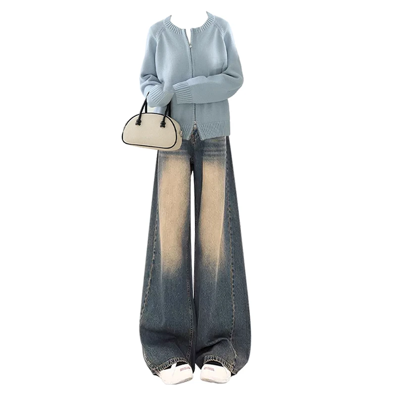 Ele Lazy Sle Long Sve maglione cardigan aperto lavorato a maglia da donna autunno nuovo jeans larghi a vita alta set da due pezzi