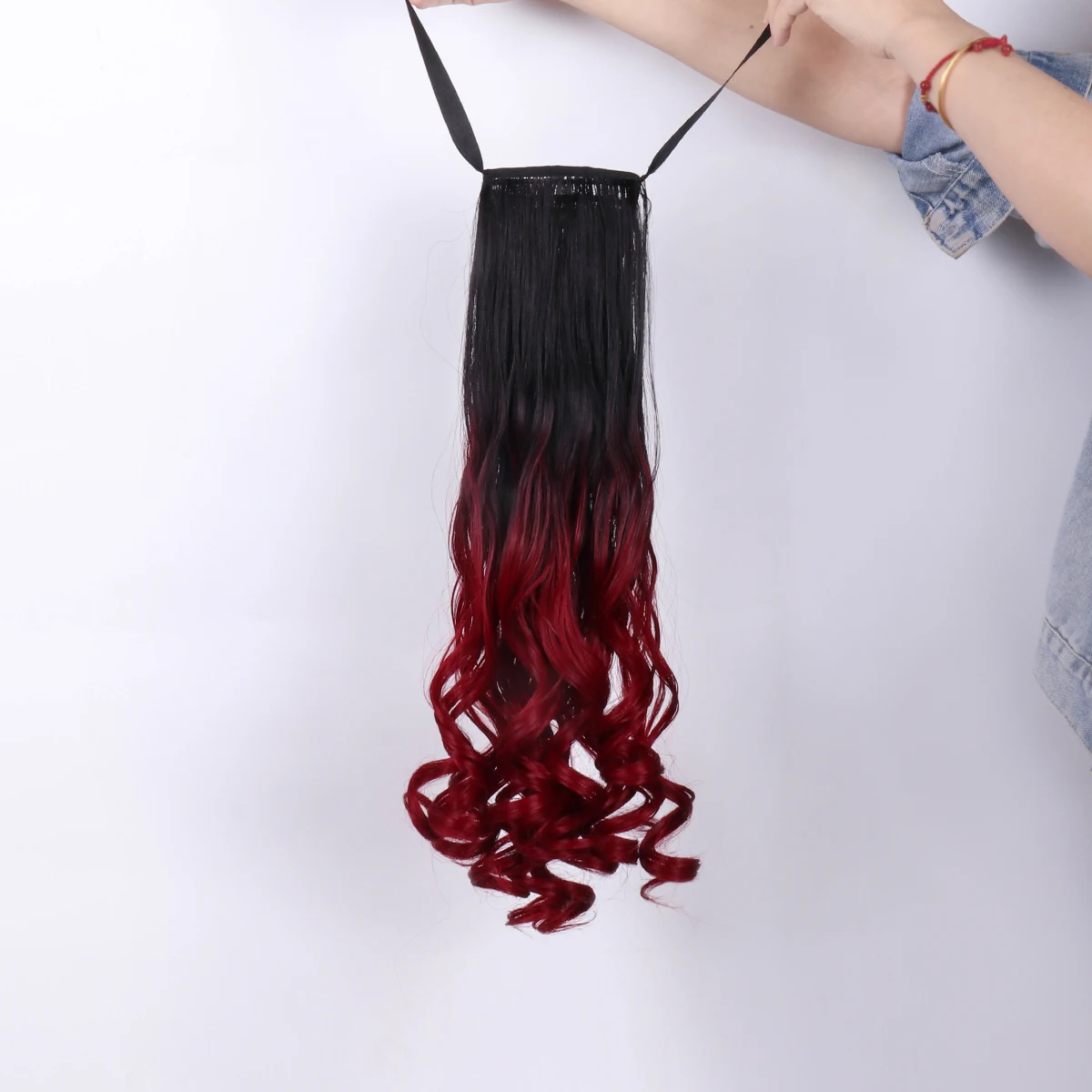 1 Pieces Synthetic Hair Extension With Strap Black-red gradient Long Wavy Curly 20 Inch Clip in Hairpiece Ponytail Full Machine