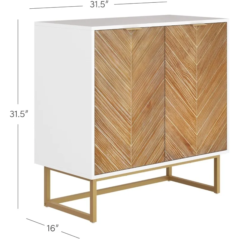 Enloe Modern Storage Free Standing Accent Cabinet White with Doors in a Rustic Pine Wood Finish and Gold Powder-coated Metal