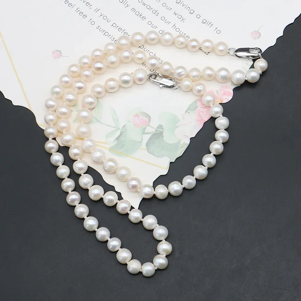 Exquisite Versatile Natural Freshwater Round Pearl Straight-Hole Baroque Jewelry Set Necklace Gift Accessory for Outfit Matching