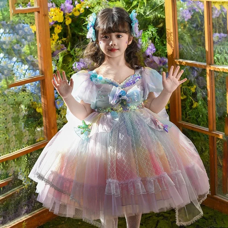 Rosa Lolita-Kleid für Mädchen, 3D-Blumen-Stickerei, Spitze, Rüschen, mehrlagiges Tutu-Kleid, Kinder-Prinzessinnen-Geburtstagsparty-Fotoshooting-Kostüm – Detail 2