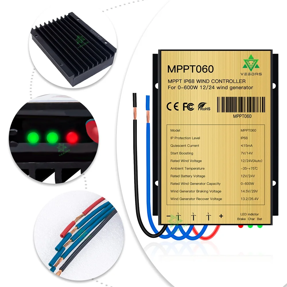 0~600W 25A Mini Wind Charge Discharge MPPT Controller IP68 Waterproof Regular Auto Match Wind Output DC AC 12/24V