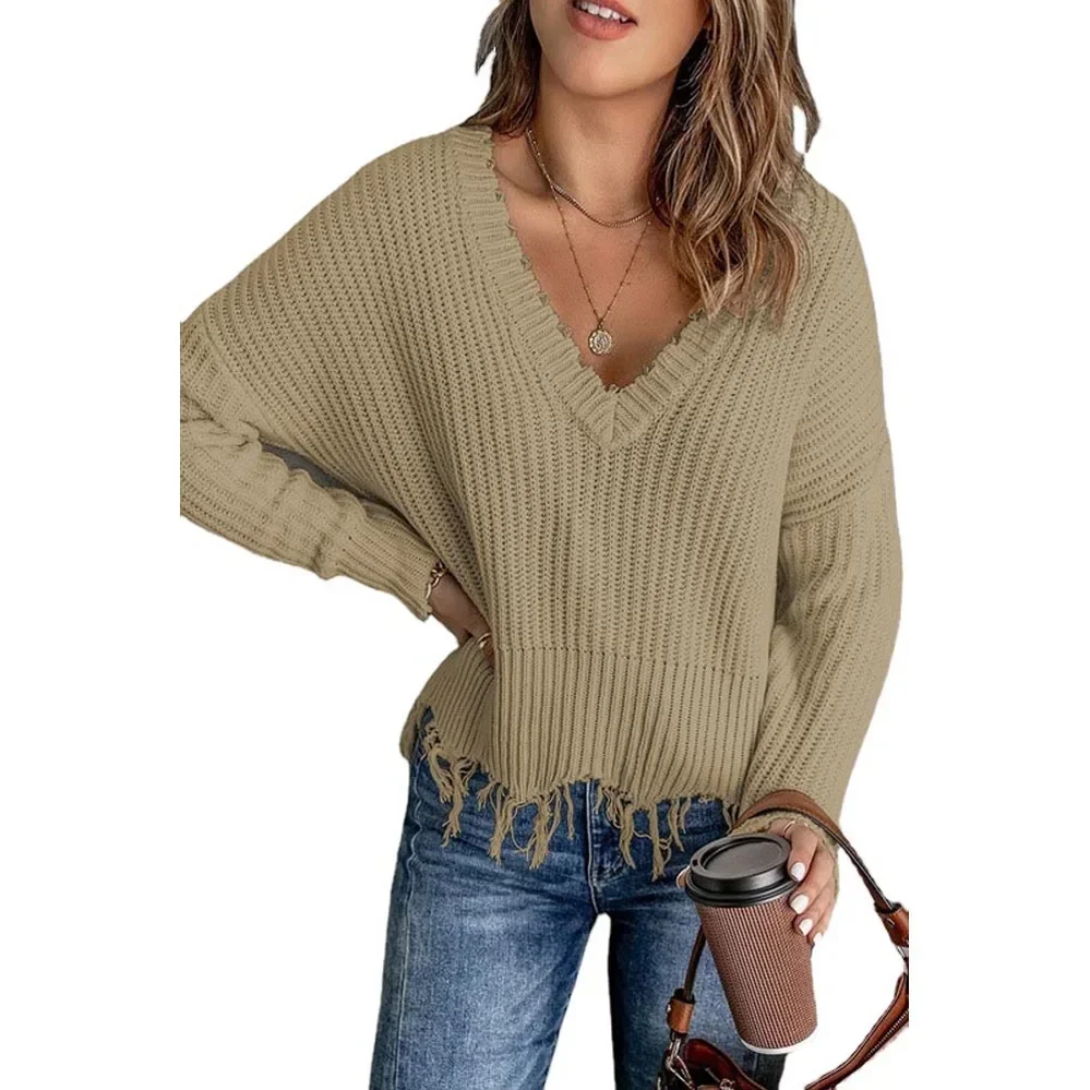 Solid Color Loose Fringe V-neck Long Sleeve Knitwear Sweater, Women's New Autumn and Winter Fashion Casual Knitted Sweater Y2k