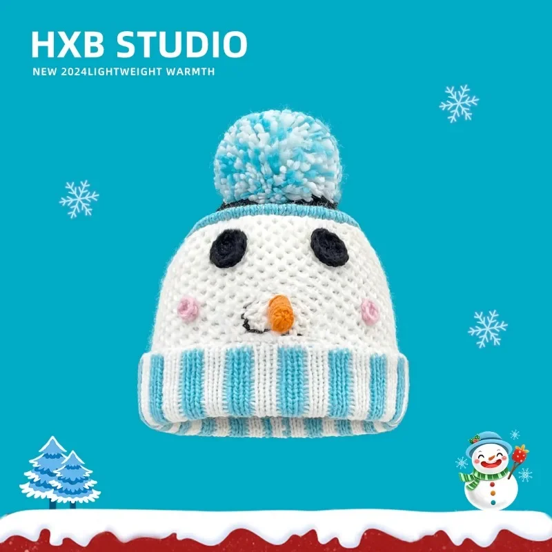 New Korean Cartoon Snowman Design Knitted Hats for Women Autumn and Winter Travel Versatile Casual Warm Pullover Beanies Cap Y2K