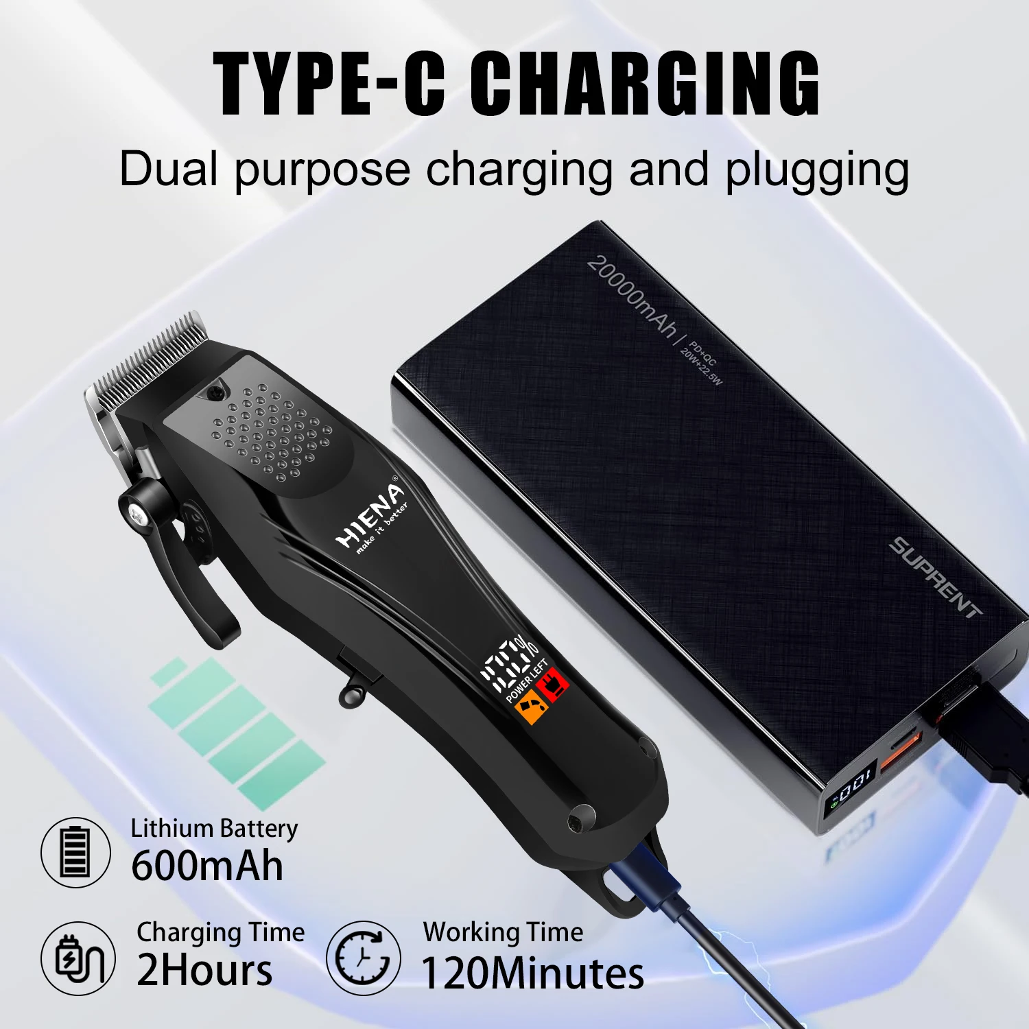 

HIENA Rechargeable Hair Trimmer Hair Trimmer Hair Cut Machine Clipper Electric Hair Clipper Cordless USB Charging