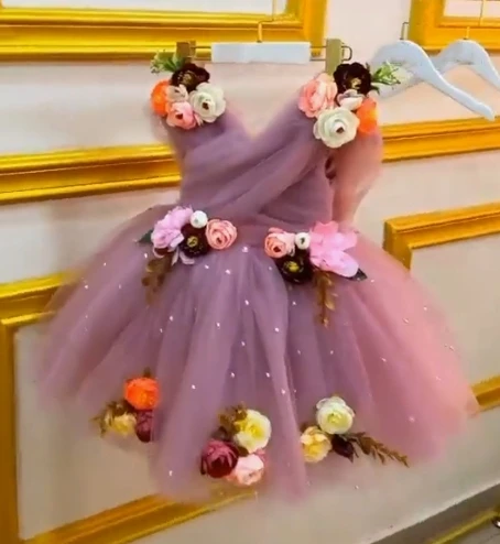 Robe de demoiselle d'honneur à col en V violet pour enfants, dentelle princesse A-ligne, appliques 3D, longueur de thé, mariage, tulle brillant, fête d'anniversaire, boule, quoi que ce soit