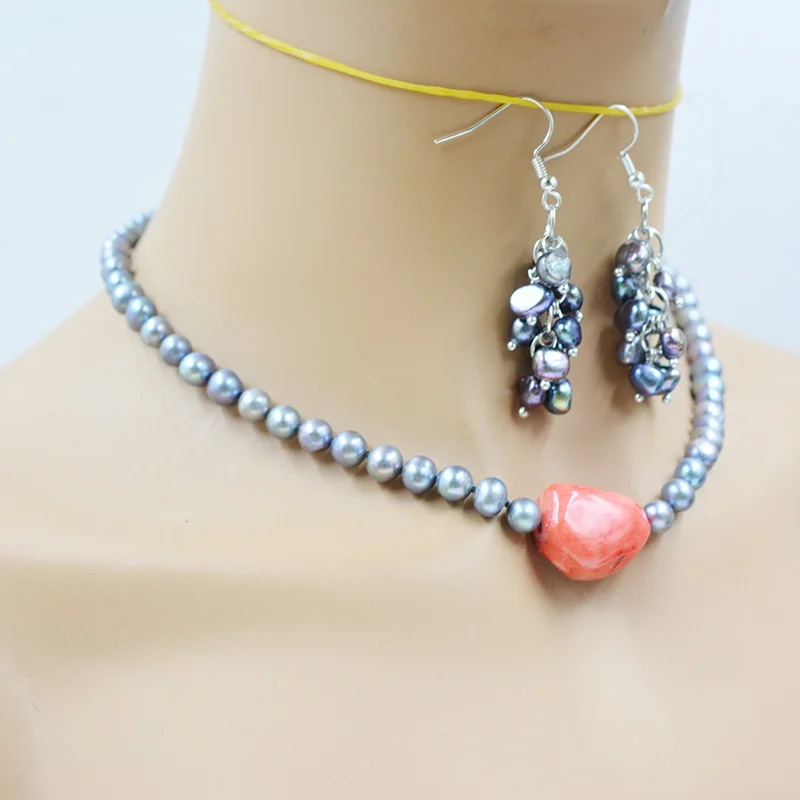 6MM AAA natural black round cultured pearl/red coral necklace. Baroque Pearl Earring Set 45CM