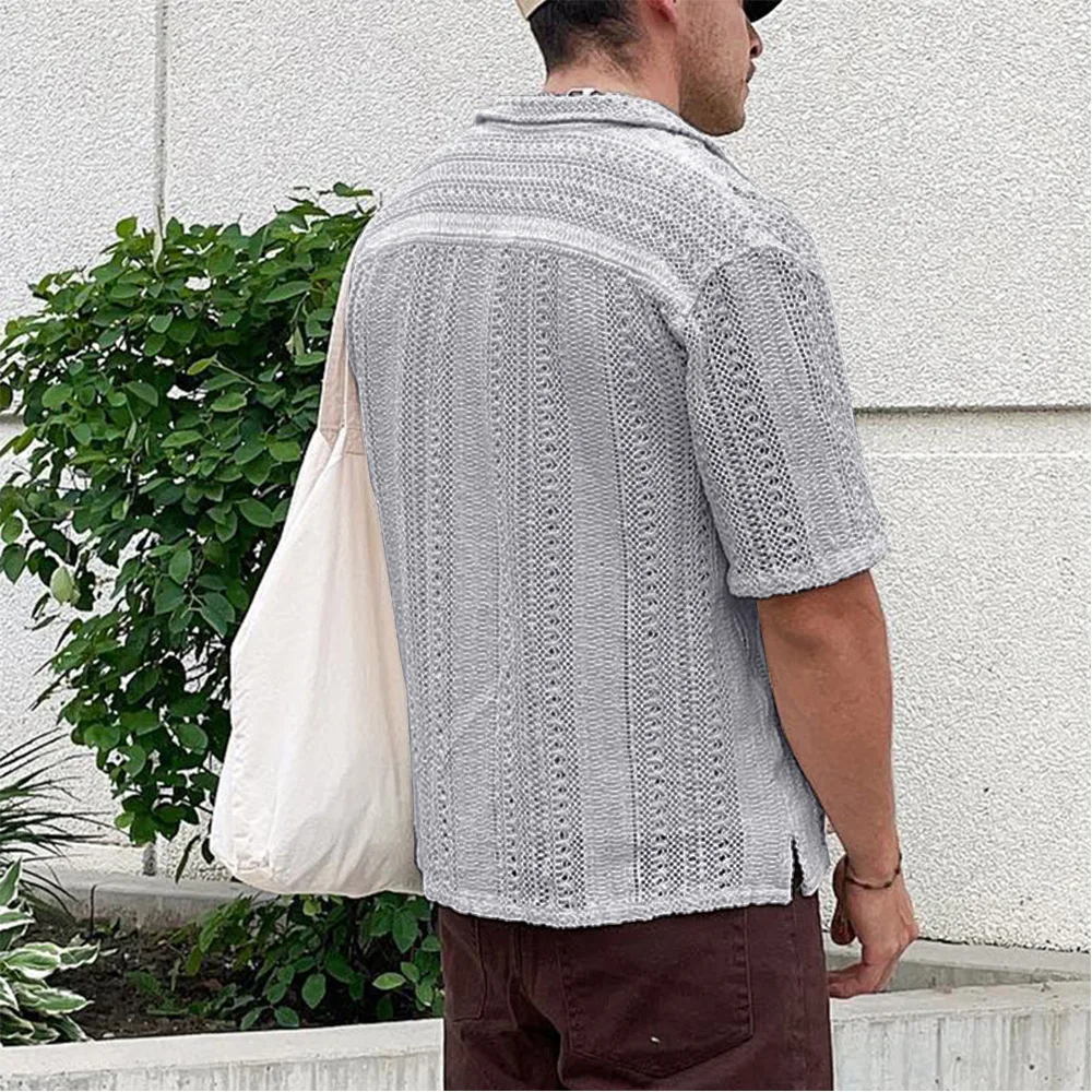 Summer Mens Knitted Shirts Beach Casual Solid Color Short-sleeved Tops Fashionable Hollow Out Knit Cardigan Male Knitting Shirt