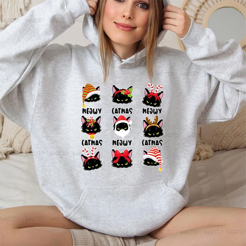 Merry Christmas Hoodie Women Casual Cartoon Meowy Catmas Cat Graphic Clothes 2025 New Year Vacation Xmas Gifts Sweatshirts Hoody