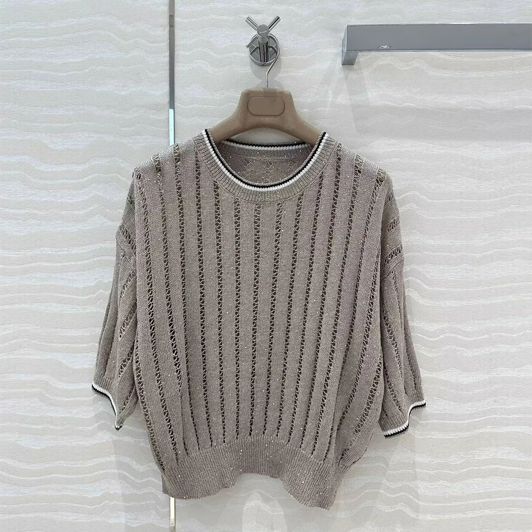 

Old Money Style Hollow Out Linen Yarn Sequins Knit Sweater Women Pullover Contrast V-neck Short Sleeve Casual Lazy Style Tops