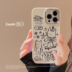 Catoon Hand Drawn Line Draft Cat Phone Case for IPhone16 15 14 12 13 11 Pro ProMax Plus X XR Shockproof Phone Cover