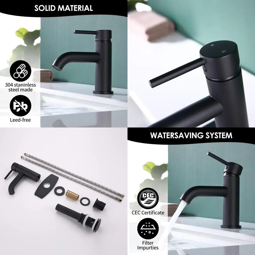 

Matte Black Single Handle Bathroom Faucet with Metal Drain and Escutcheon