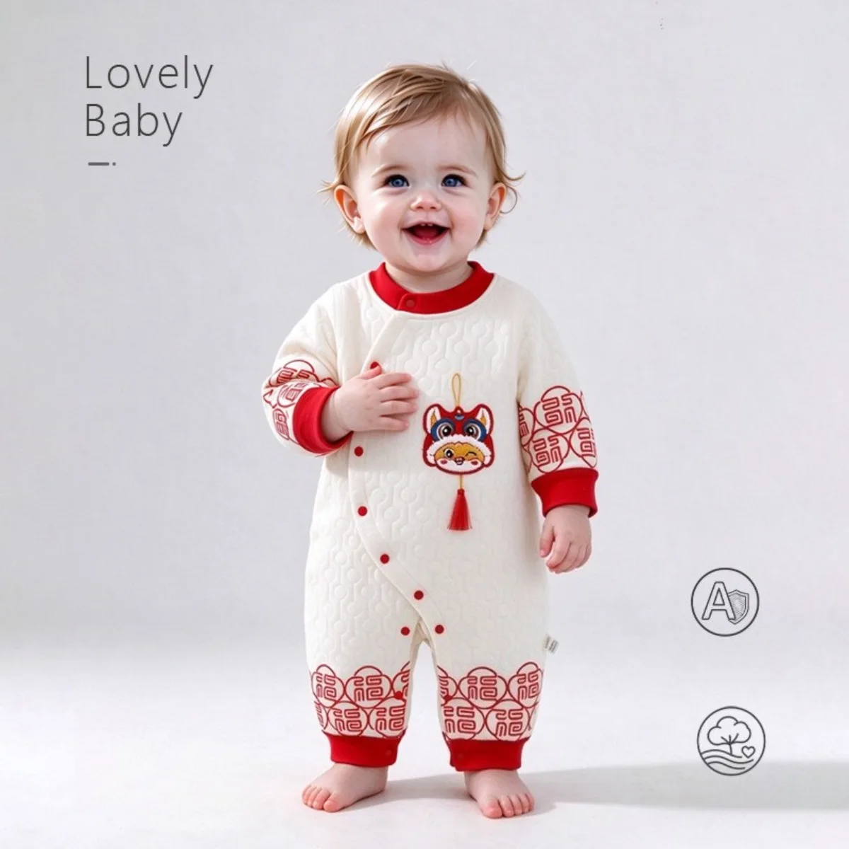 Lucky Lion Baby Romper New Year Cozy Cotton Long Sleeve Jumpsuit Soft Polyester Padded Infant Onesie Unisex 0-18M Autumn Winter 2