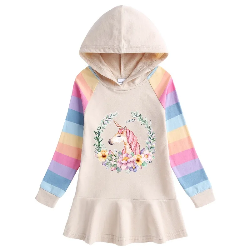 New Unicorn Princess Girls Dress Cotton Autumn Kids Dresses for Children Birthday Party Clothes Costume Hooded Rainbow Fashion