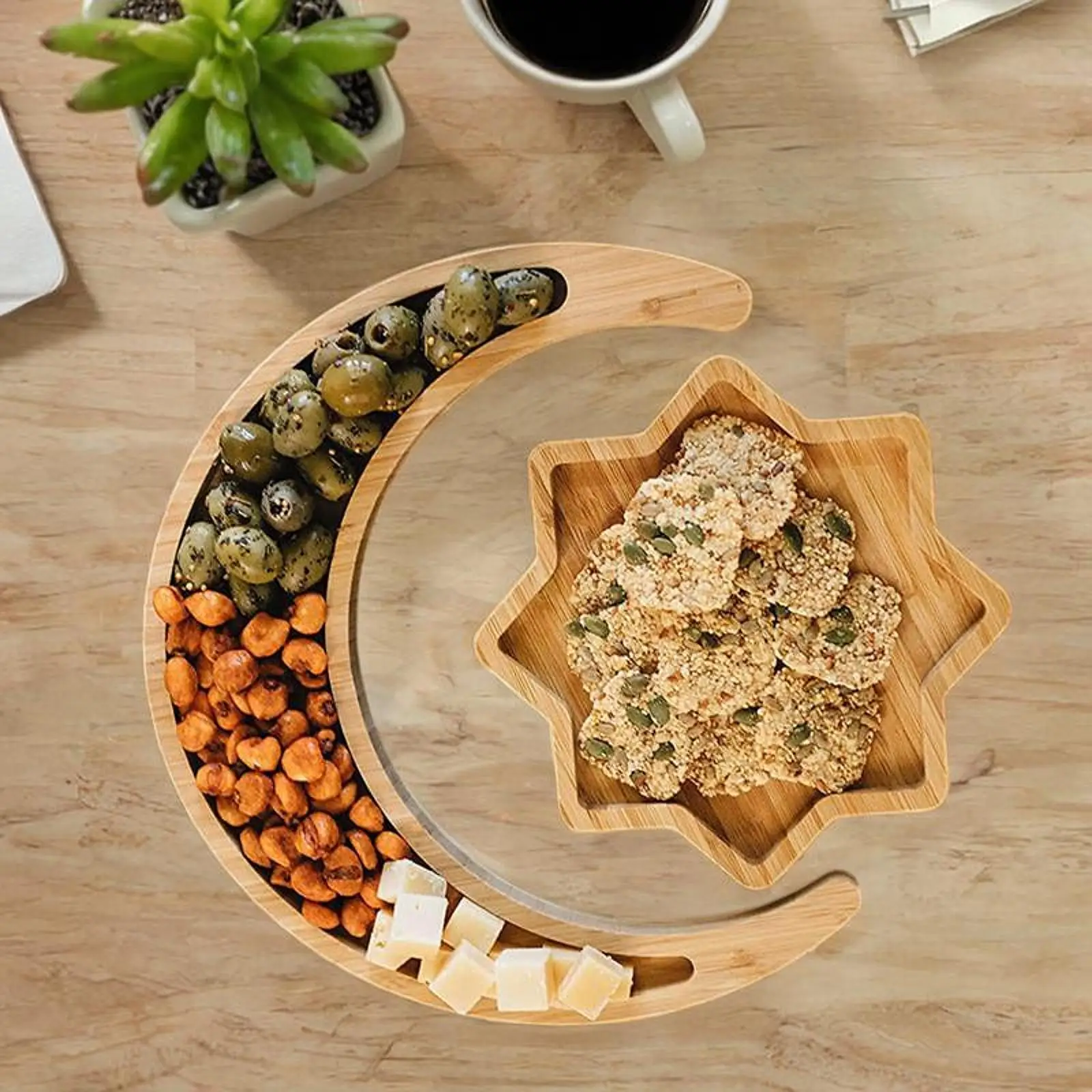 Eid Mubarak Gift Wooden Moon Tray Serving Dessert Tray Pastry Tray for Anniversary Gatherings Events Mother Gift Dining