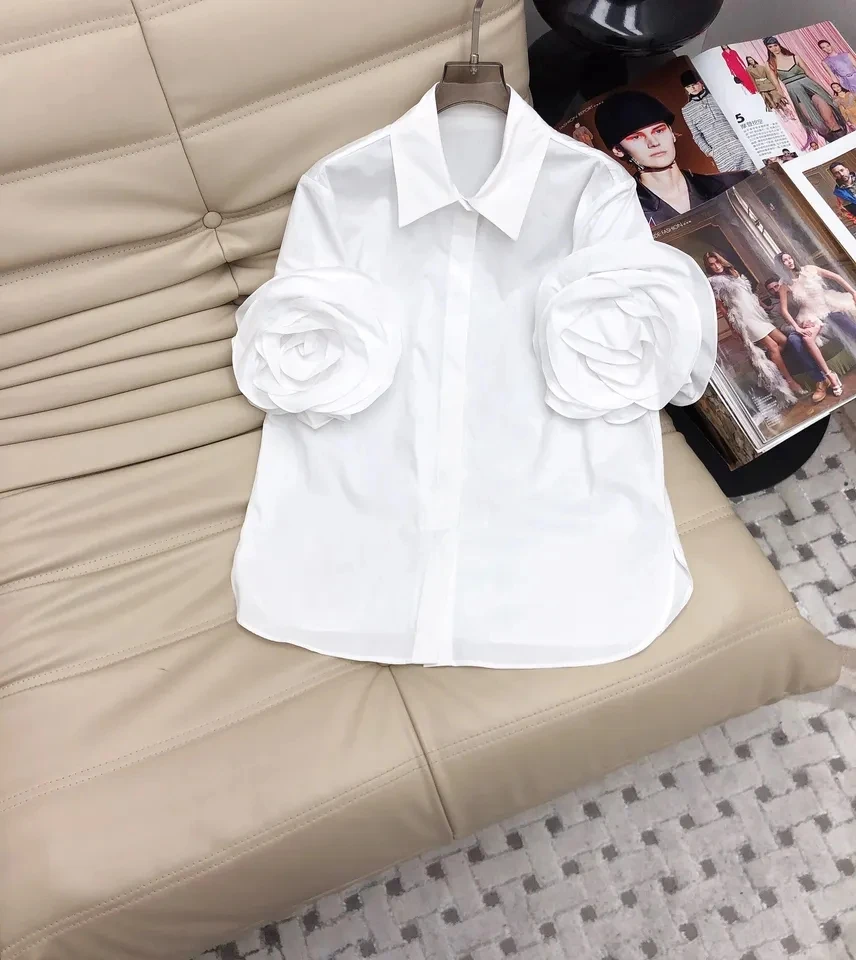 2024SS Summer Casual New Women Flower Cotton Short Sleeve Shirt Blouse Tops 3 Color